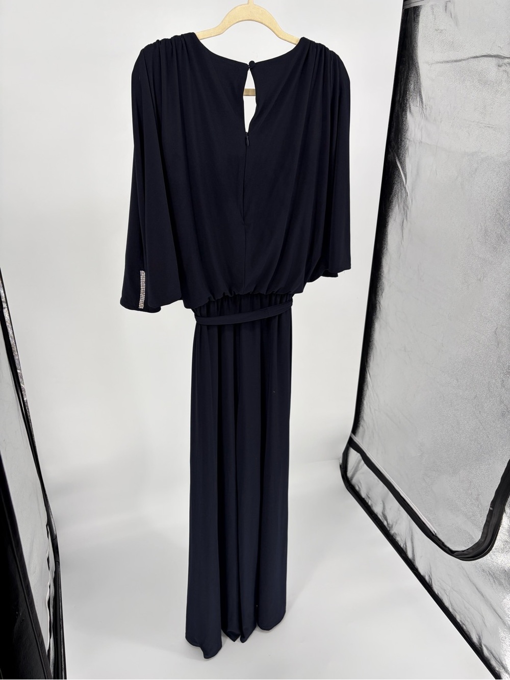 Elegant Navy Evening Maxi Jumpsuit- Flowing Cape Sleeves